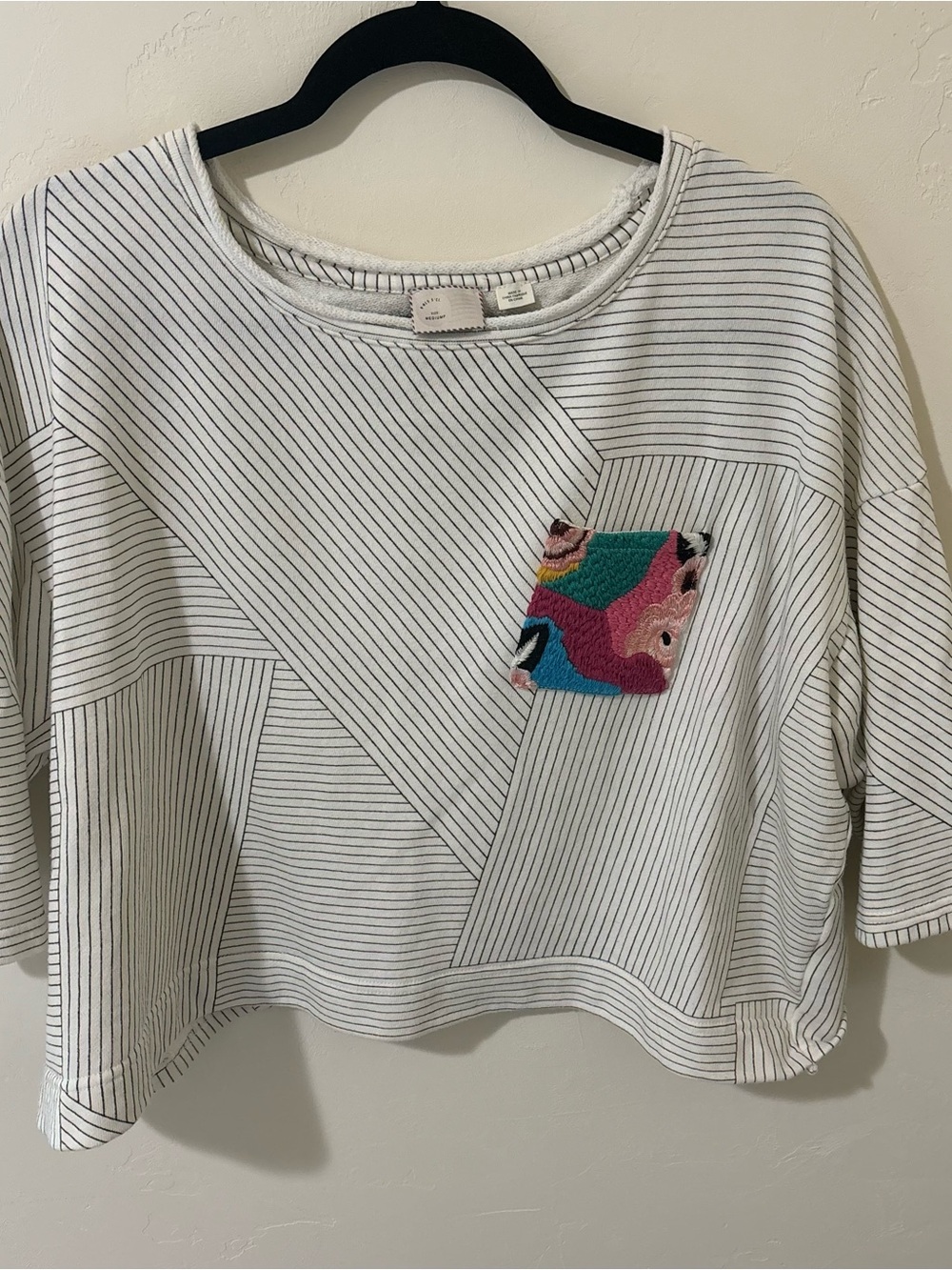 Anthropologie White Striped Crewneck Sweatshirt with Multicolor Patch